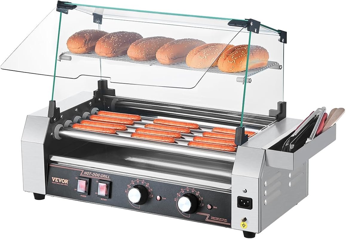 VEVOR 5-Roller Hot Dog Grill, 750W with Dual Temp Control & Side Storage