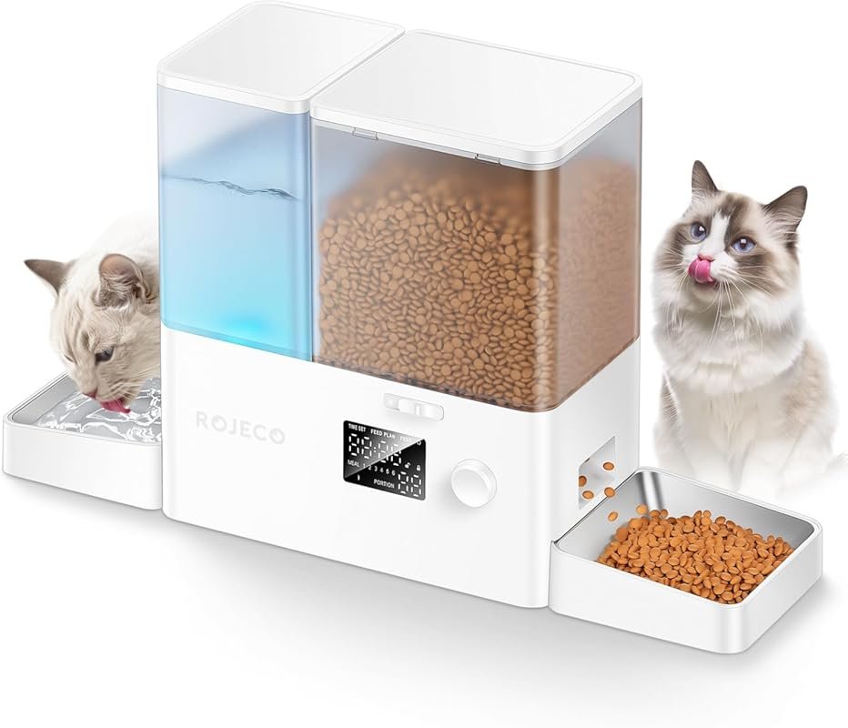 ROJECO Automatic Cat Feeder and Water Dispenser, 36 Cups Stainless Ste