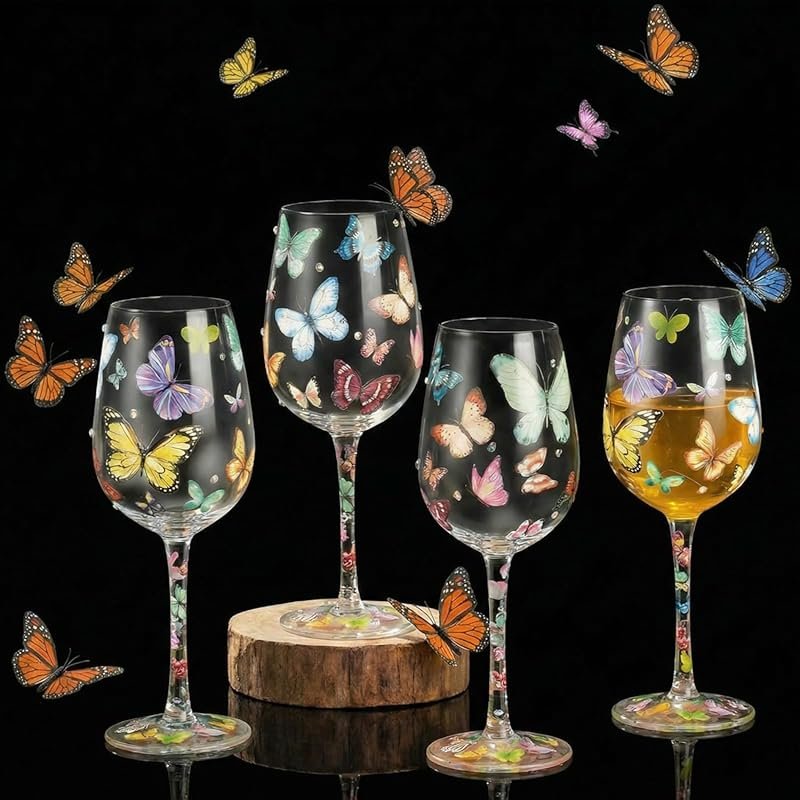 Butterfly Hand Painted Wine Glasses – Long Stem Decorative Drinking Cu