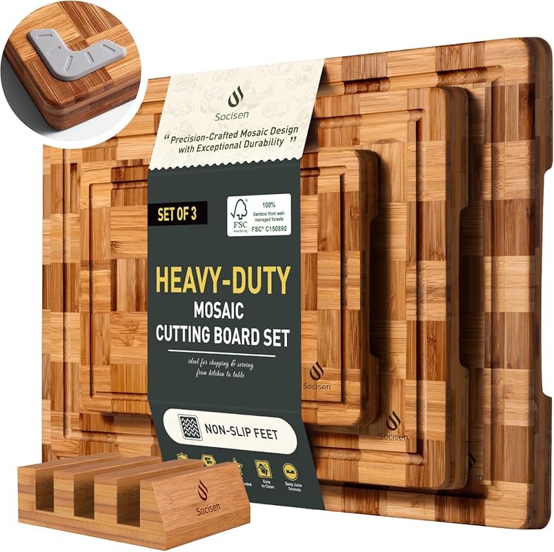 3 Pack Heavy Duty Bamboo Cutting Boards with Juice Groove, Non Slip En