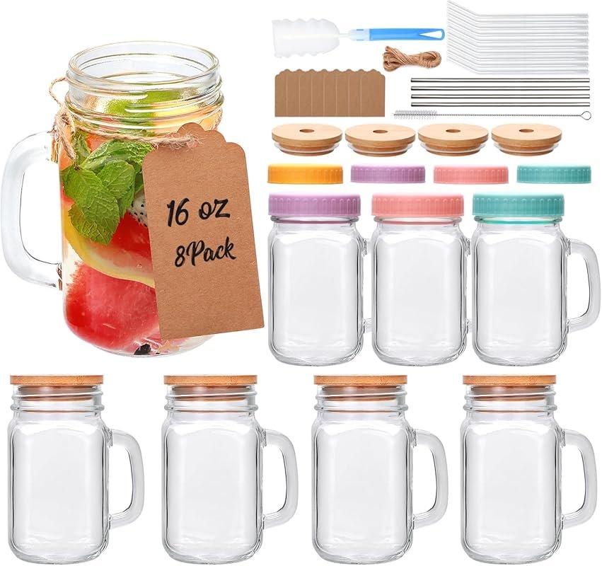 16 oz Mason Jar Cups with Handle – Set Includes Glass/Stainless Steel 