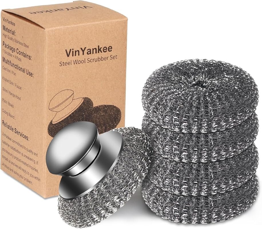 5Pcs Steel Wool Scrubber Set with 4 Replacement Pads for Cast Iron, Po