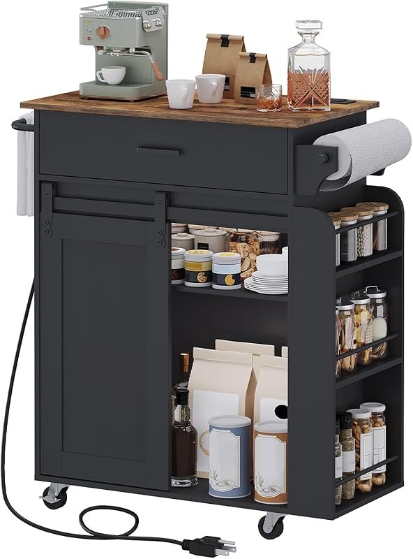 YATINEY Mobile Kitchen Cart with Charging Station, Rolling Island Tabl