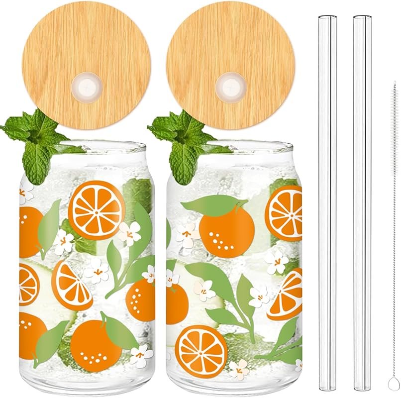 Whaline 2Pcs Boho Orange Daisy 16oz Ice Coffee Cup with Lid & Straw fo