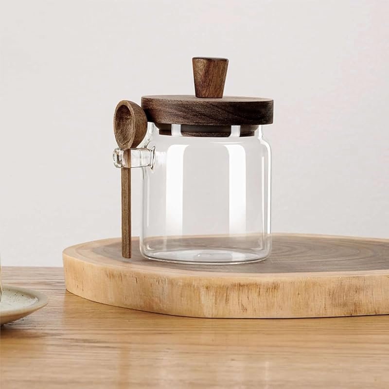 Glass Food Storage Jar with Acacia Wooden Lid & Spoon, Airtight Canist