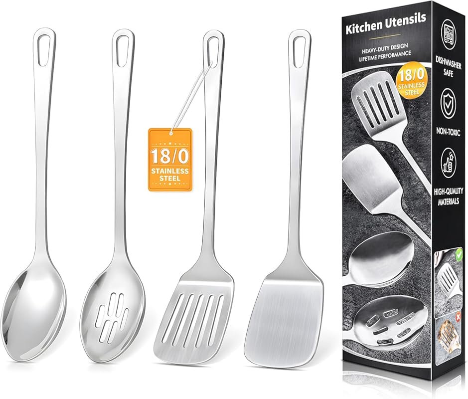 4-Pc Stainless Steel Cooking Utensils Set with Turners & Serving Spoon