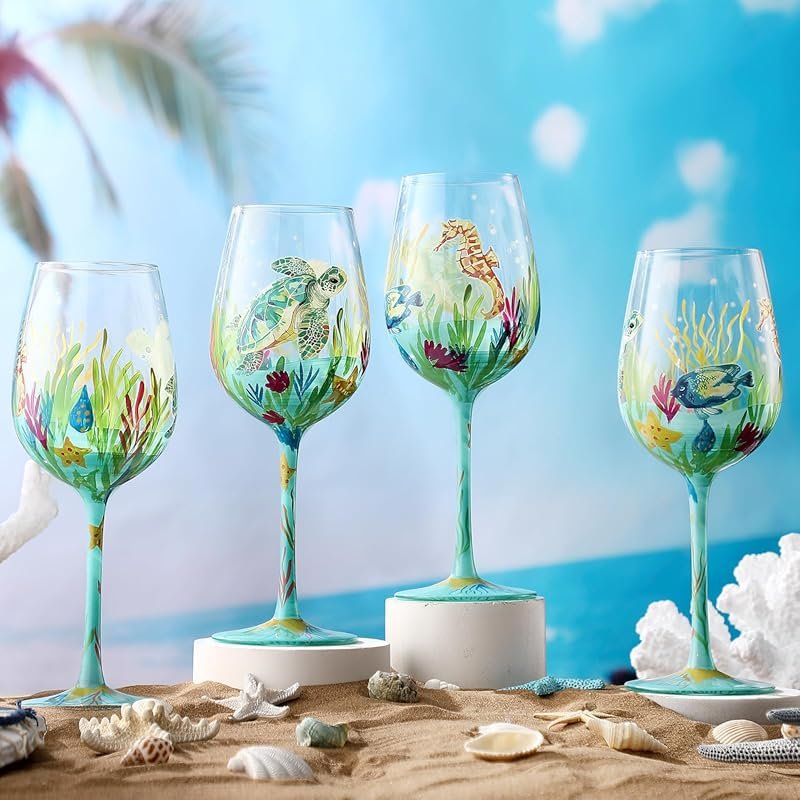 Sea Animal Hand Painted Wine Glasses – Ocean Turtles, Seahorses & Fish