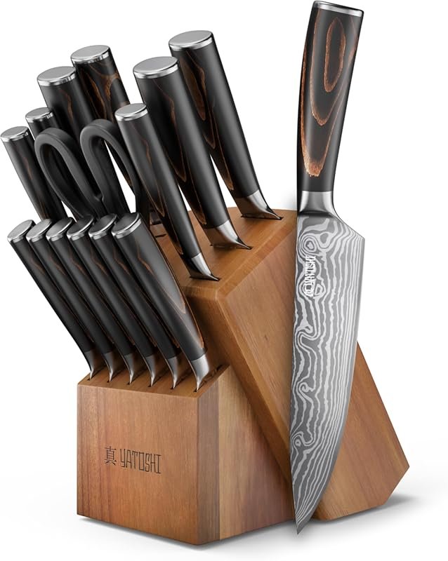Yatoshi Professional 15-Piece High Carbon Stainless Steel Knife Set wi