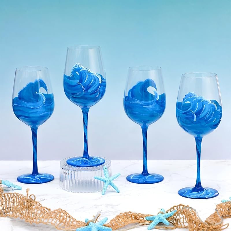 Ocean Wave Hand Painted Wine Glasses – Beach Themed Stemmed Glasses – 