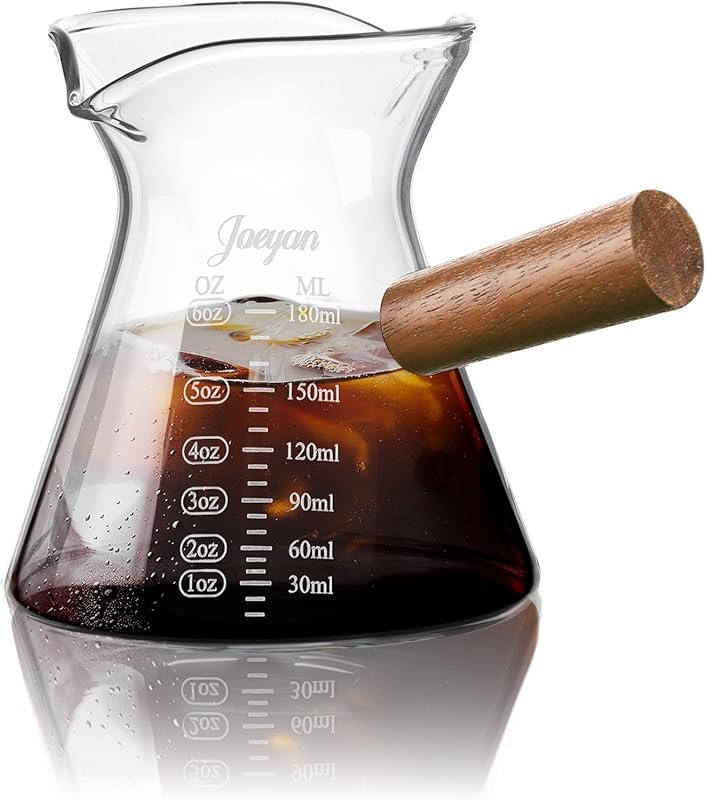 Joeyan 6 oz Clear Glass Measuring Cup with Double Spouts & Wooden Hand