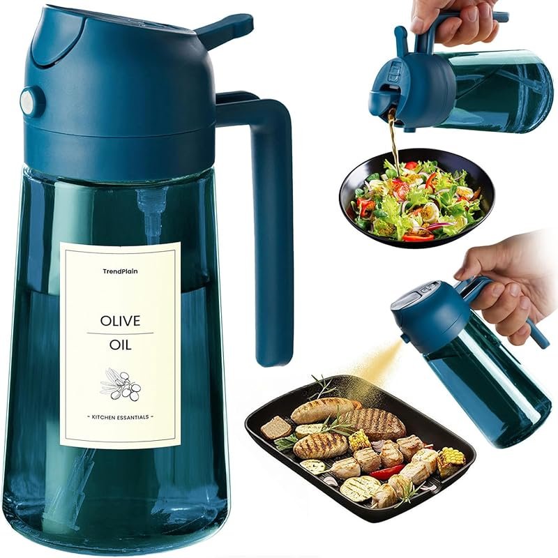 TrendPlain Navy Blue Glass Olive Oil Sprayer 16oz for Kitchen & Air Fr