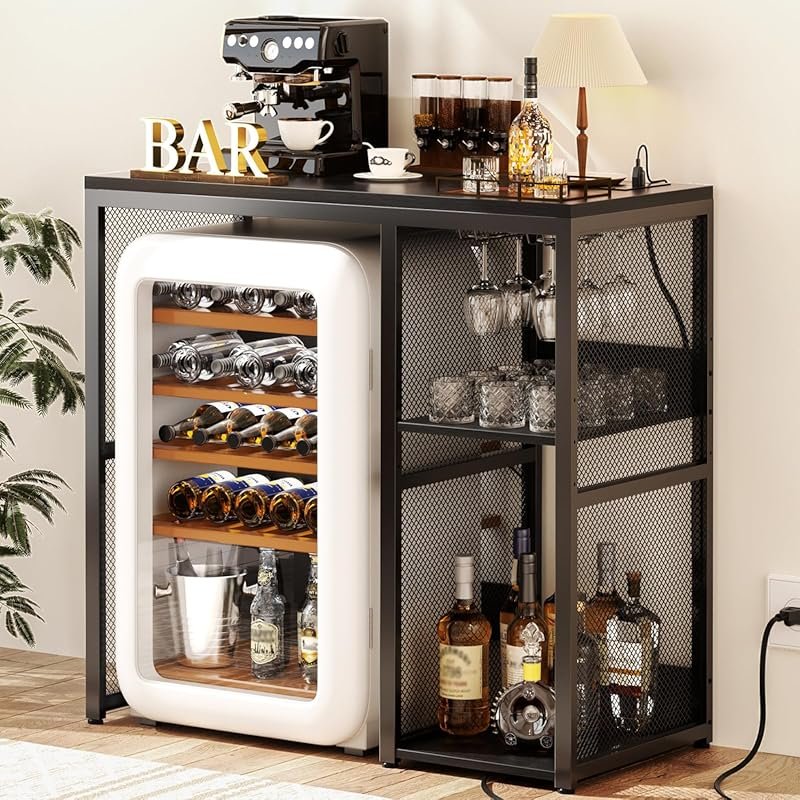 Industrial Mini Fridge Cabinet with Power Outlet, Wine Storage & Glass