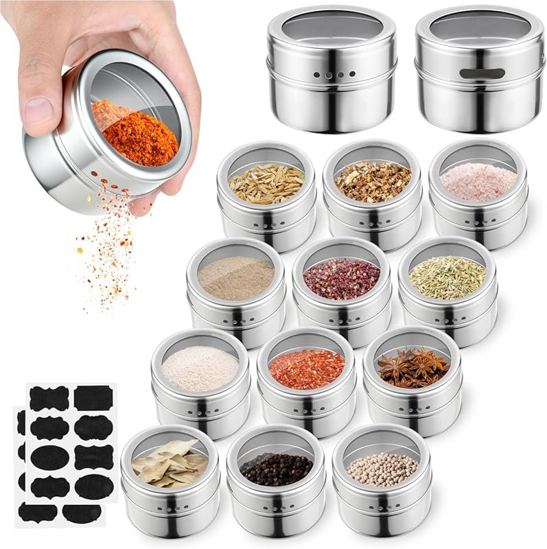 12pcs Stainless Steel Spice Jars with Magnetic Lids, Sift & Pour Funct