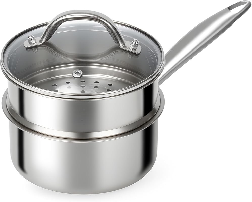 Ohtomber 1.5-Quart Tri-Ply Steamer Saucepan with Basket, Nonstick, Ind