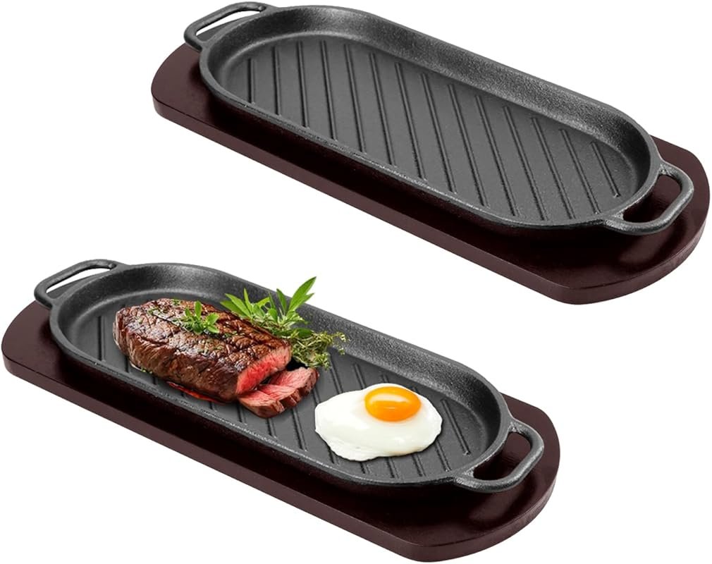 DVK 2-Pack Cast Iron Fajita Skillet with Wooden Base for Home & Restau