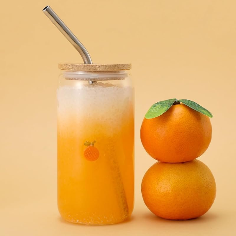 Honeydak Oranges Icon Juice Glass Cups with Lid & Straw – 18oz Soda Ca