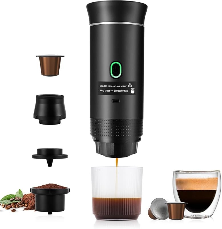 Compact 20-bar portable espresso maker with USB charging, self-heating