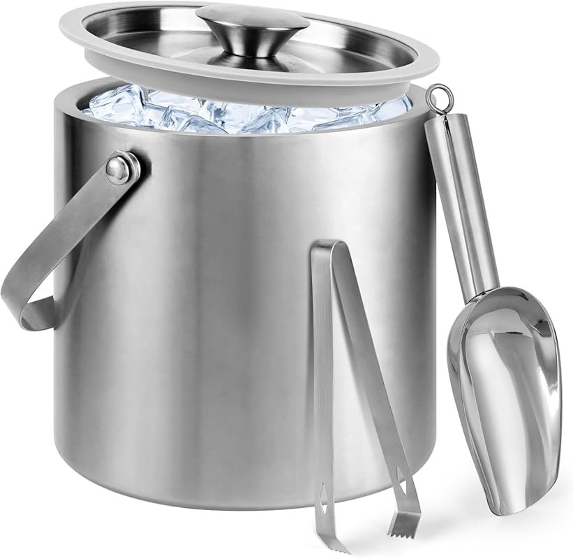 3L Double Wall Insulated Ice Bucket with Lid, Scoop & Tongs for Cockta