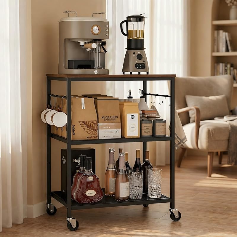 Homleke 3‑Tier Rolling Kitchen Microwave Cart with Lockable Wheels, Co