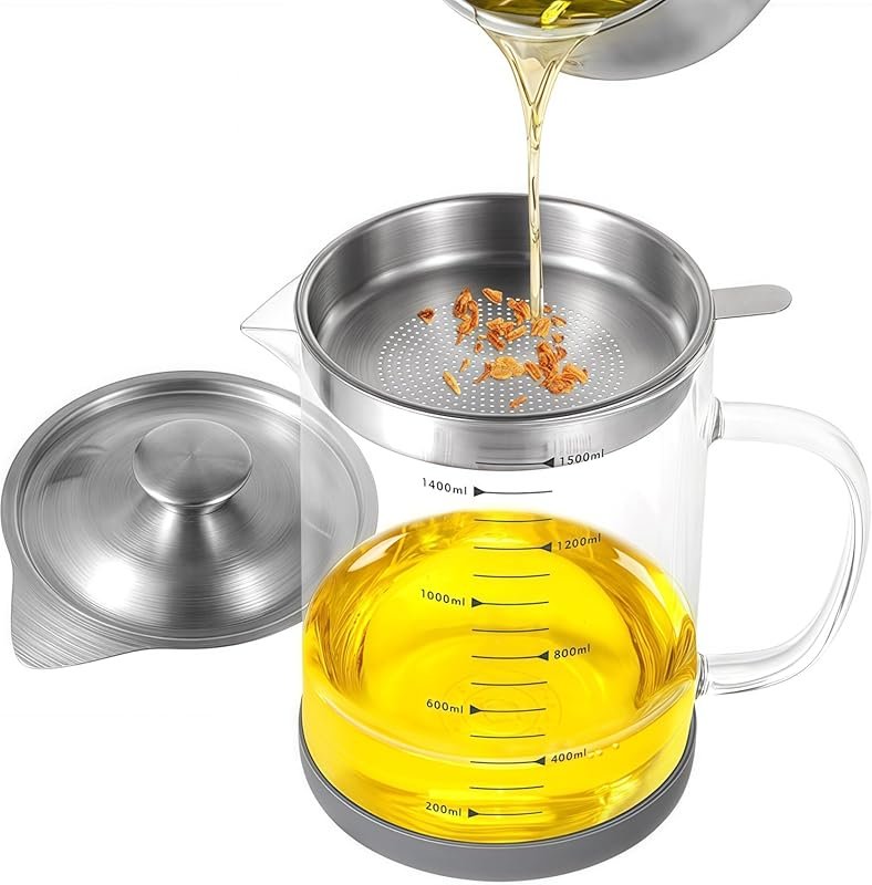 Premium 1.5L Borosilicate Glass Bacon Grease Saver with Strainer and N