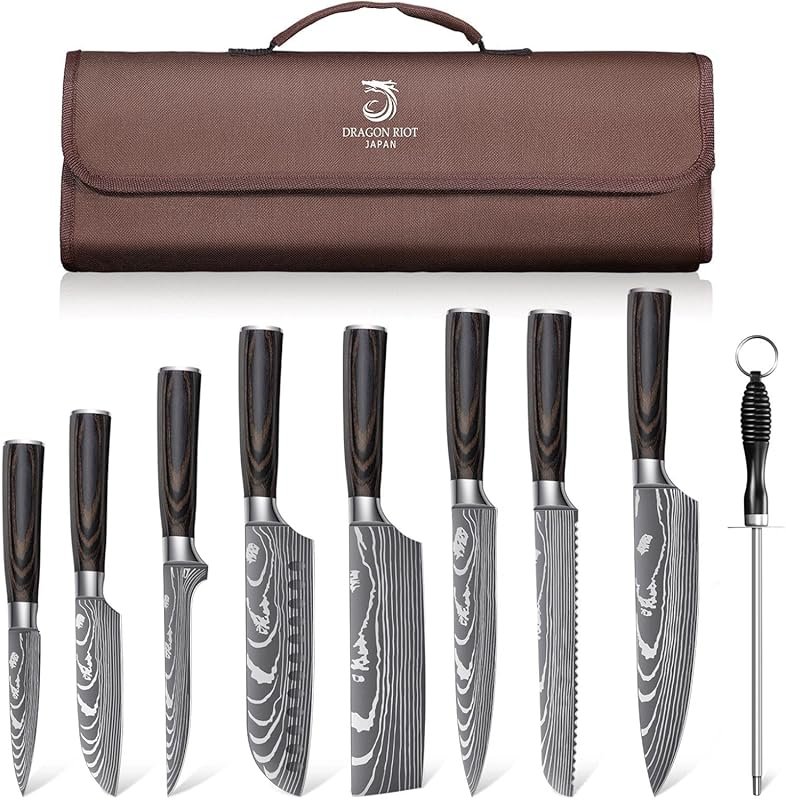 DRAGON ROIT Damascus Chef Knife Set with Brown Handle, Sharp Stainless