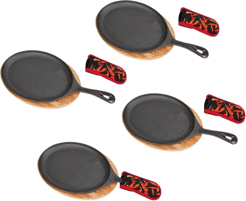 4 PCS Cast Iron Sizzler Plates with Wooden Base & Handle Cover for Hom