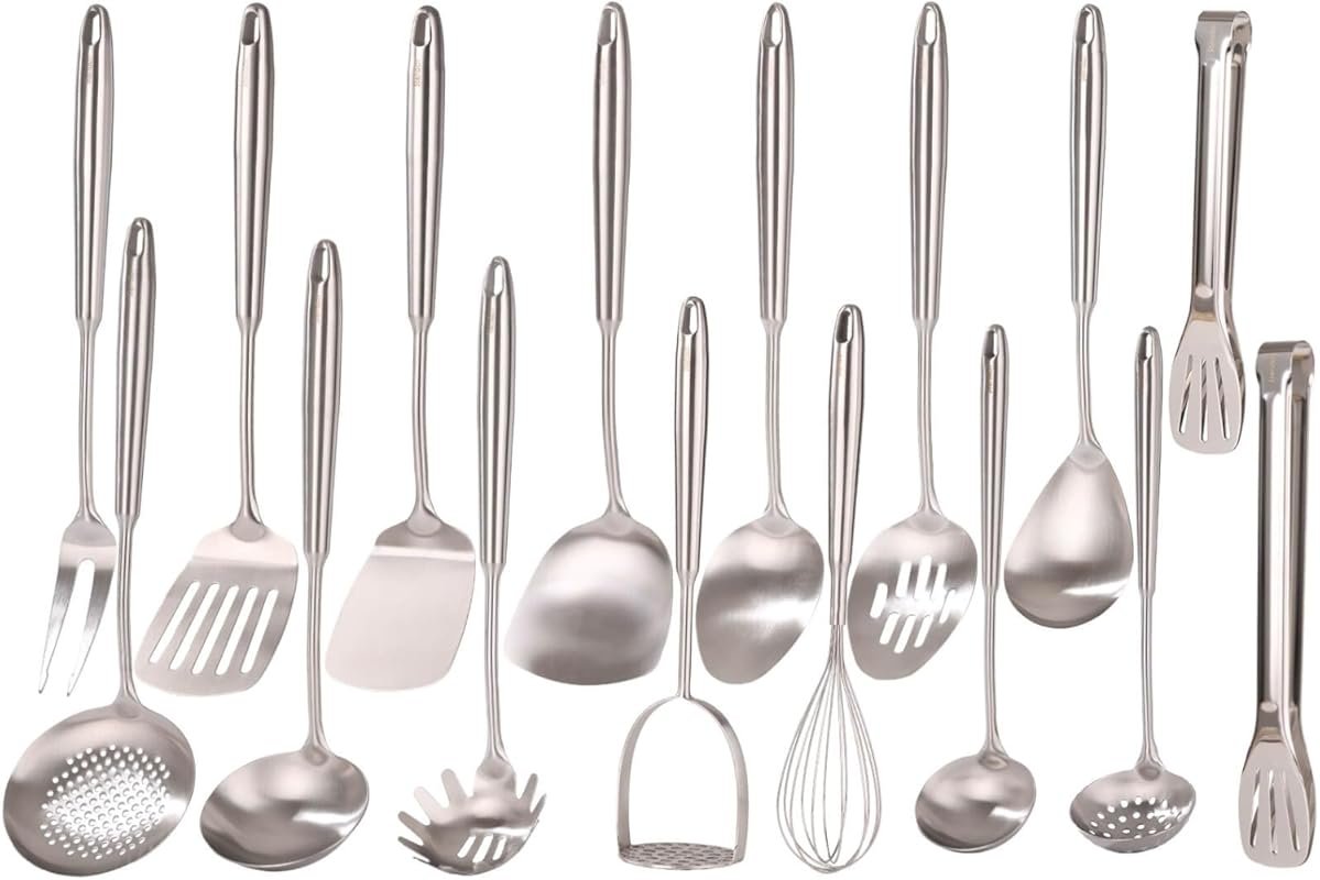 16-Piece 18/10 Stainless Steel All-Metal Cooking Utensil Set with Whis