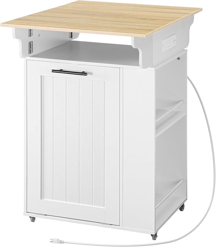 HOOBRO Rolling Kitchen Island with Trash Can Storage, Drop Leaf & Powe