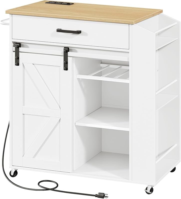 HOOBRO Rolling Kitchen Storage Table with Sliding Barn Doors, Power Ou
