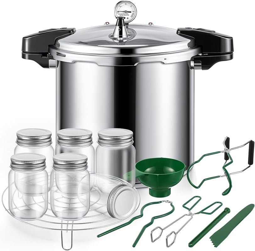 24qt Pressure Cooker with 6 Mason Jars and Stainless Steel Rack, Silve