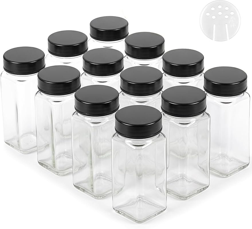 EDELHAUS Glass Spice Jars and Black Steel Lids (12 x 4oz), Shaker Inse