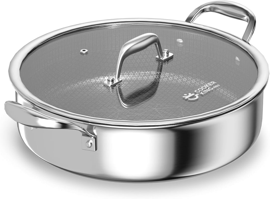 COOKER KING 5QT Tri-Ply Stainless Steel Saute Pan with Lid, Hybrid Non