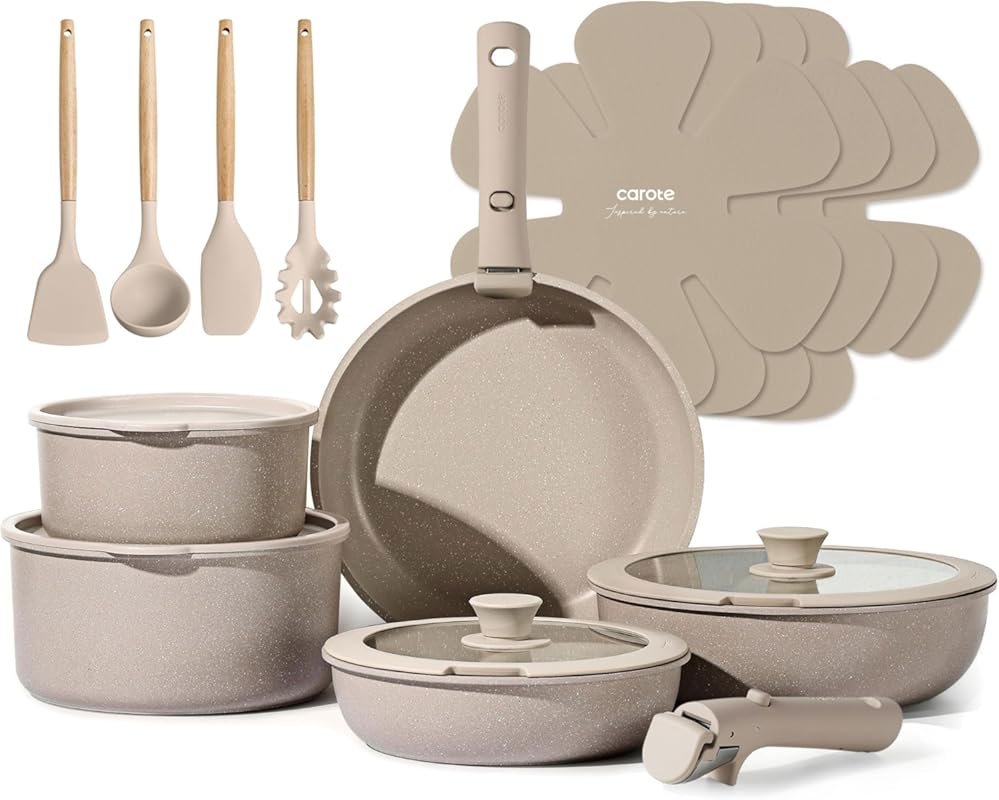 CAROTE 19-Piece Nonstick Cookware Set with Detachable Handle, Taupe & 