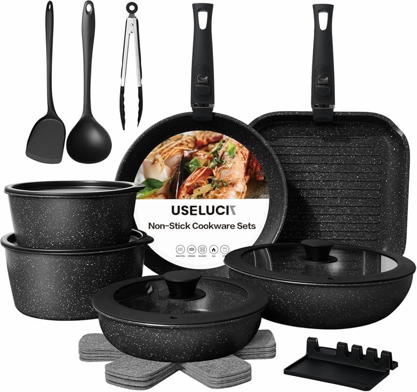 21pc Ceramic Nonstick Granite Induction RV Cookware Set with Removable