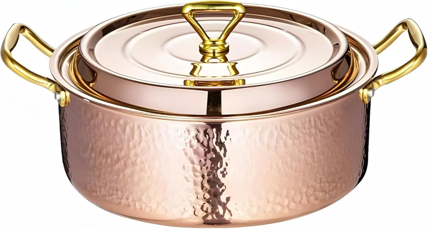 YJX 4.2QT Hammered Stock Pot with Lid, Copper Rose Gold, Tri-Ply Stain
