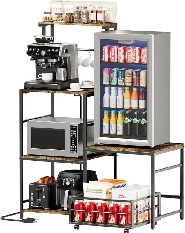 HYPIGO Mini Fridge Stand with Storage, Power Outlet & Adjustable Shelf