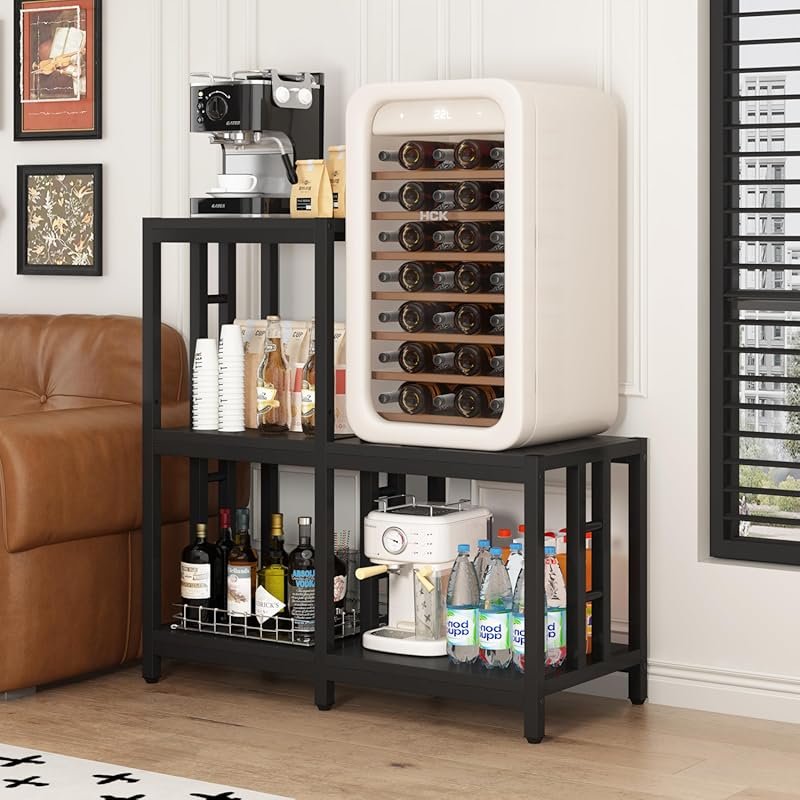 Mini Fridge Stand with Storage & Power Outlet – Black Coffee Bar Cabin