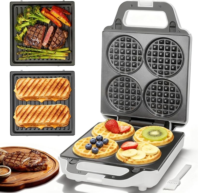 SugarWhisk 2‑in‑1 Mini Waffle Maker with Removable Plates and Panini P