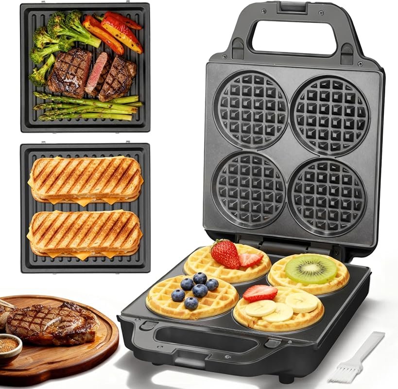 SugarWhisk 2‑in‑1 Mini Waffle Maker with Removable Plates and Panini P