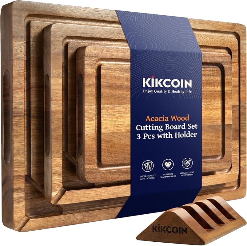 Kikcoin Acacia Wood Cutting Board Set of 3 with Holder, Compartments &