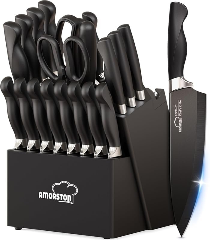 Amorston 21-Piece Ultra-Sharp German Black Stainless Steel Knife Set w
