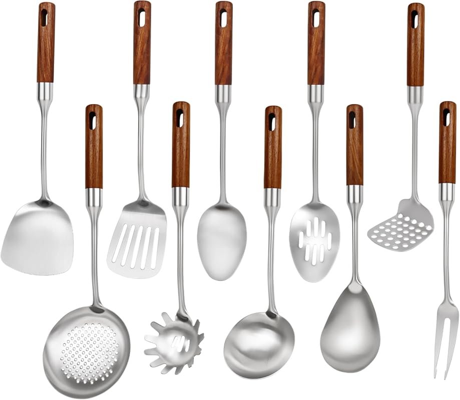 10-Piece 304 Stainless Steel Cooking Utensils with Wood Handle, Dishwa