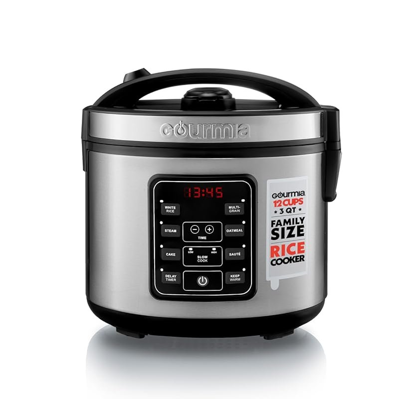 Gourmia 3 Qt Rice Cooker, 12 Cup Cooked, Digital Controls, Steamer, No
