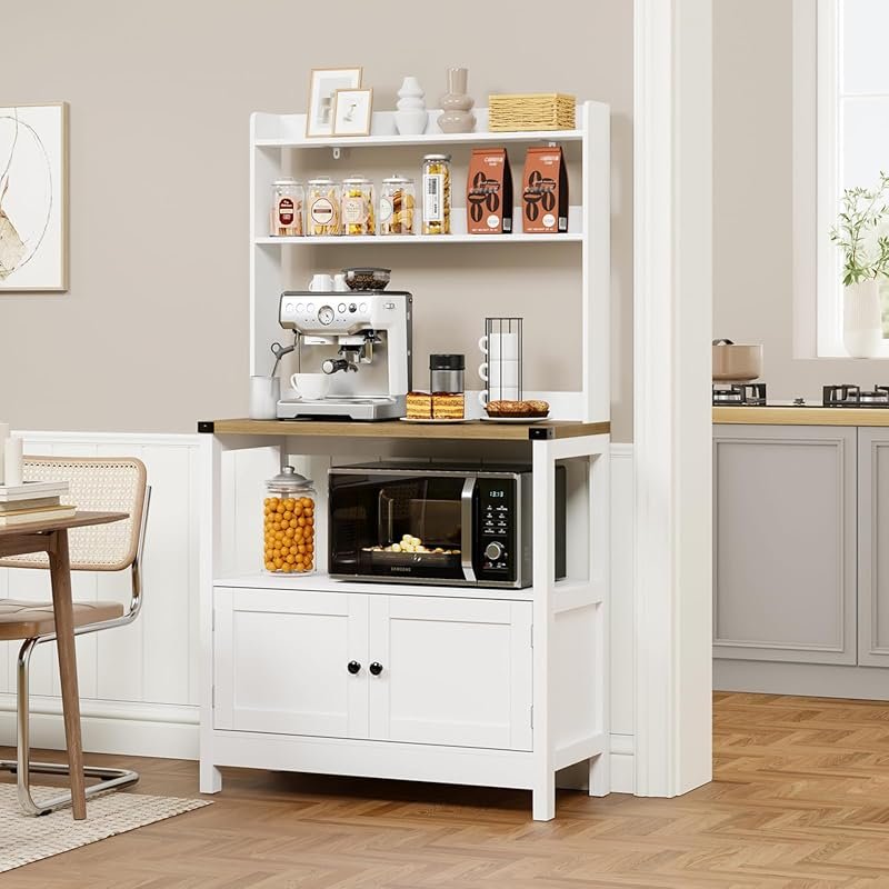 Lomojo 5‑Tier Freestanding Microwave Stand Bakers Rack Cabinet, Farmhouse