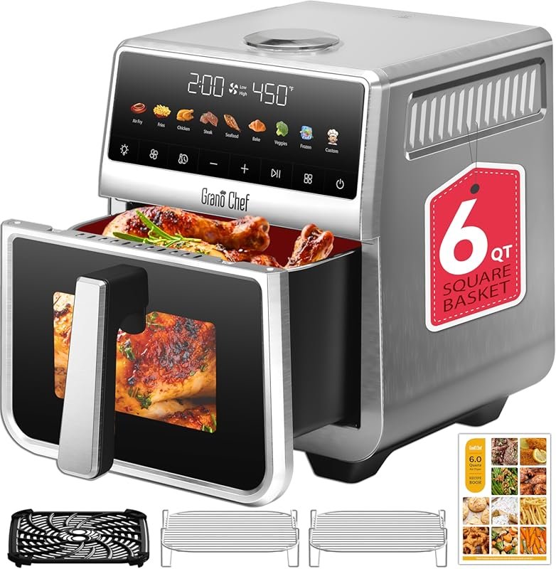 Stainless Steel 6 Qt Air Fryer with Ceramic Glaze & 9 One-Touch Functi