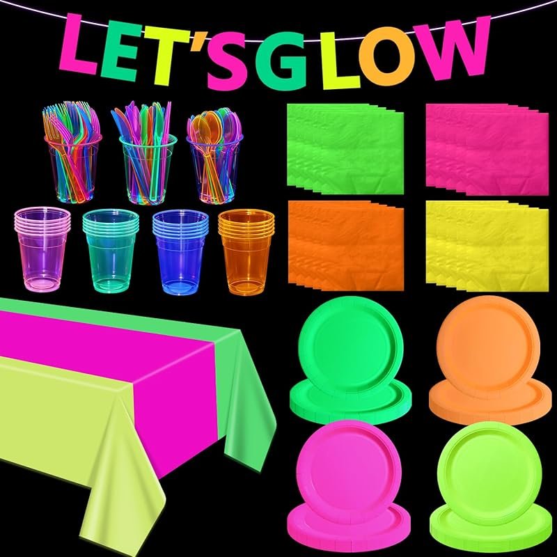 Glow in the Dark Party Supplies Serves 20 with Colorful Plates, Napkin