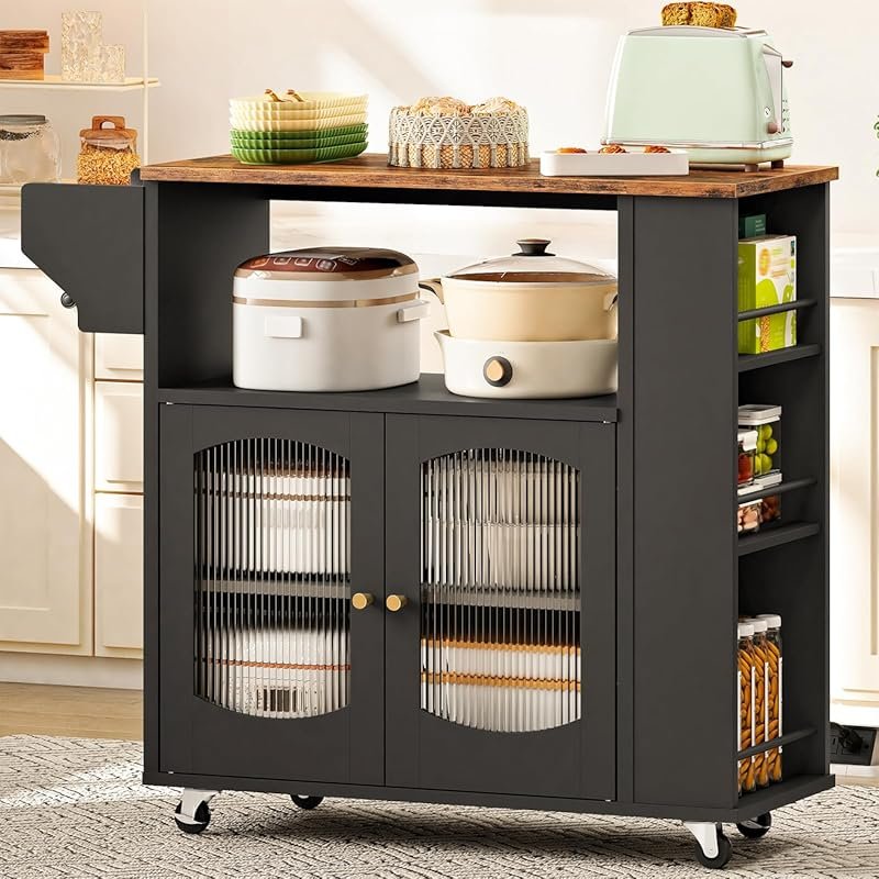 HOOBRO Kitchen Island with Glass Doors, Open Storage Shelf & Towel Rac