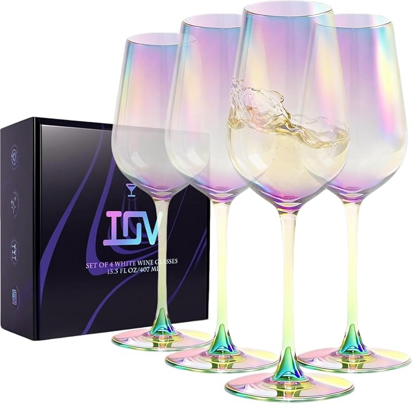Modern Rainbow Crystal White Wine Glasses Set of 4 – 13.8 oz Hand Blow