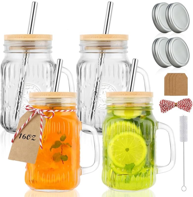 Magicsky 16 oz Mason Jar Cups with Handle – Vintage Glass Iced Coffee 