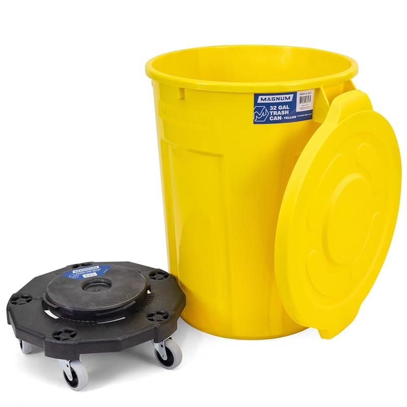 Construction-Grade Magnum Yellow 32 Gallon Trash Can Set with Quiet Do